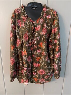 Talbots Plus Blouse Olive Green Coral Floral 2X Ruffle Romantic Cottage Bohemian